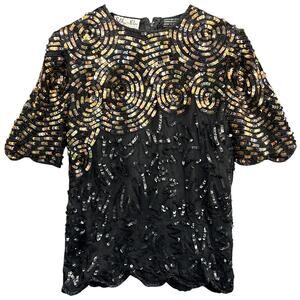 Silky Nites VIntage Black Gold Sequin Silk Short Sleeve Scalloped Blouse Women M